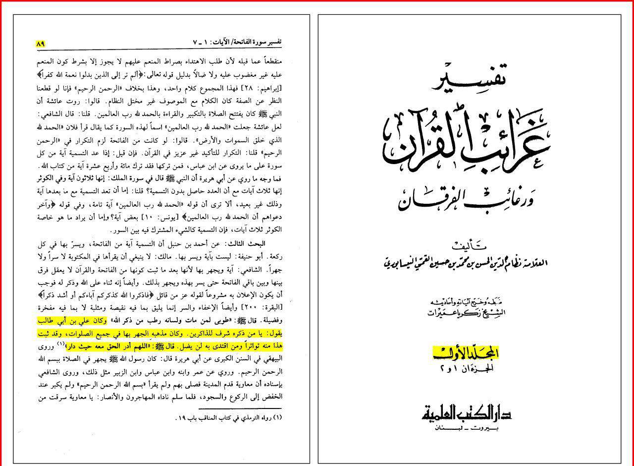 نظام الدین نیسابوری (از علماء و مفسرین اهل سنت ) : هرکس به علی بن ابی طالب اقتدا کند هرگز گمراه نخواهد شد